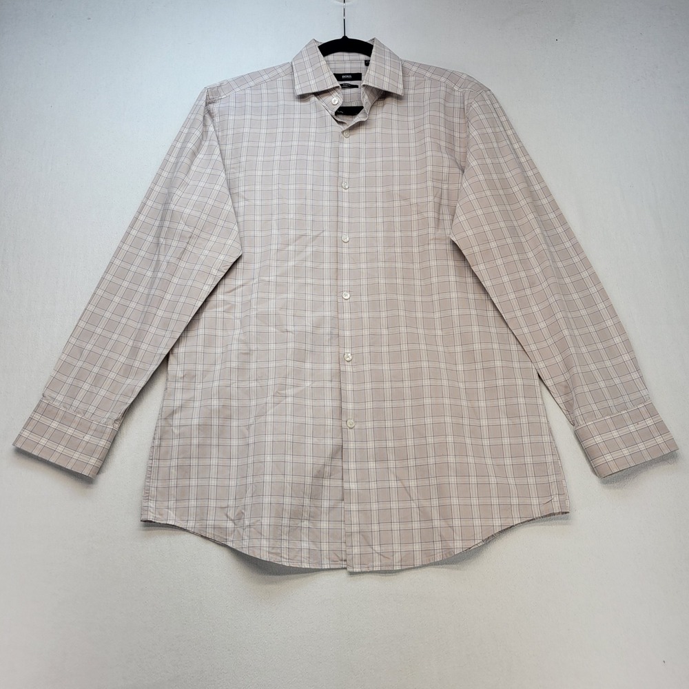 BOSS Hugo Boss Dress Shirt Mens 16‎ 32/33 Tan Plaid Slim Fit Jaron US Cotton